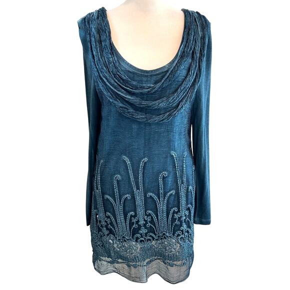 Soft Surroundings Blue Silk Beaux Arts Drape Neck Embroidered Tunic Blouse Small - Picture 1 of 7